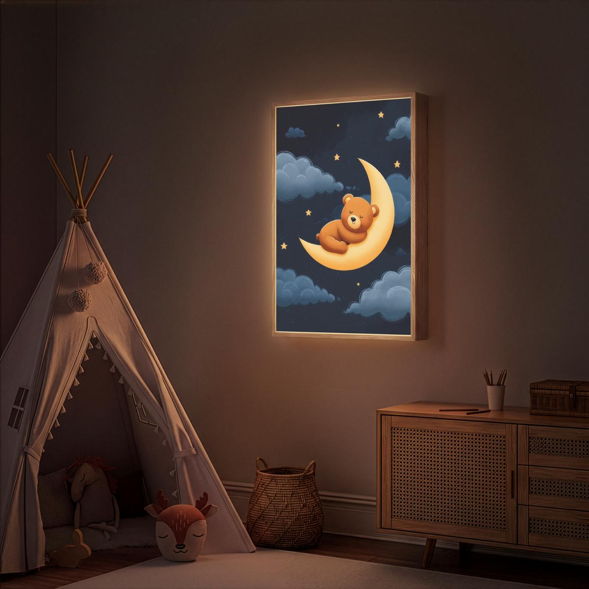WANDLEUCHTE MIT AKKU Teddybär - Mond - Wolken - Sterne 70x100 cm - Dunkelblau, Holzwerkstoff (70/100/8cm) - OnlyWow