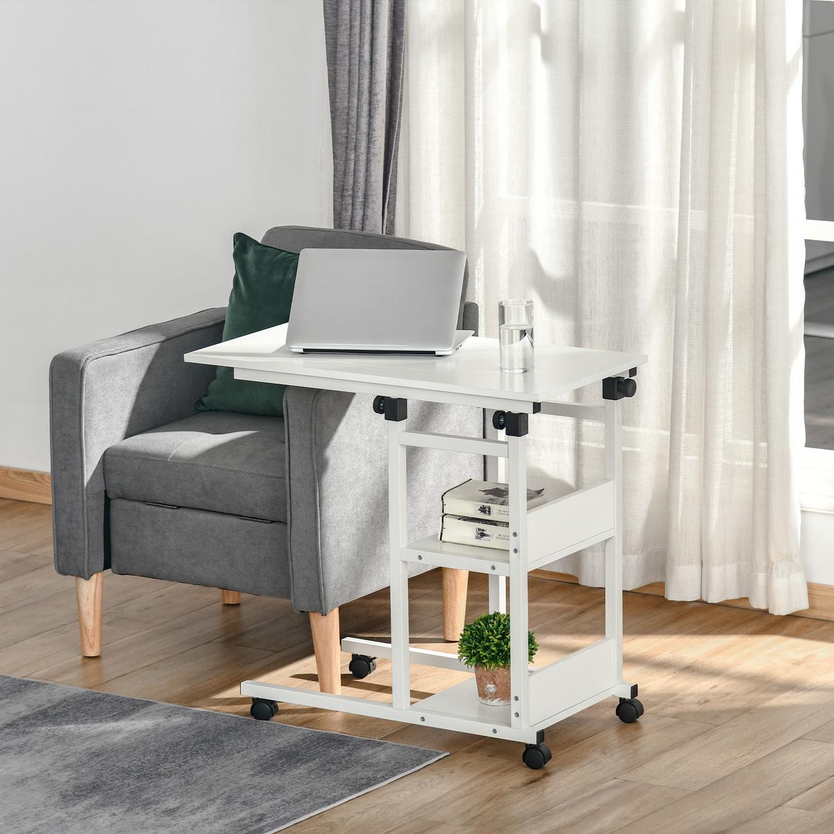 BEISTELLTISCH Couchtisch mit Rollen höhenverstellbar 2 untere Regale Esszimmer - Weiß, Kunststoff (80/40/82cm) - HOMCOM