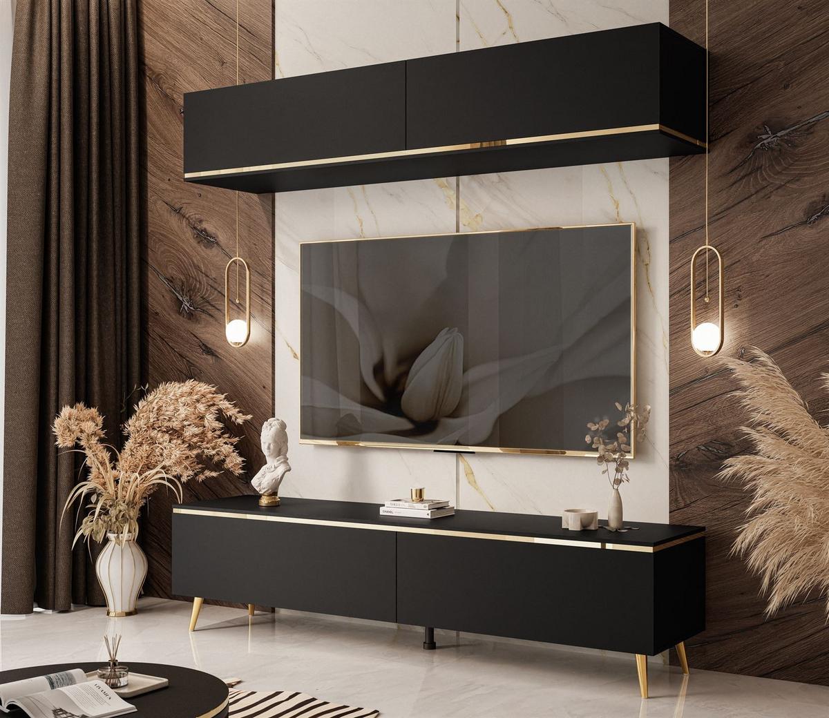 WOHNWAND AURORA in Schwarz Matt mit schräge Goldchrom Fuße - Goldfarben/Schwarz, Holzwerkstoff/Metall (180/45/40cm) - Lookway