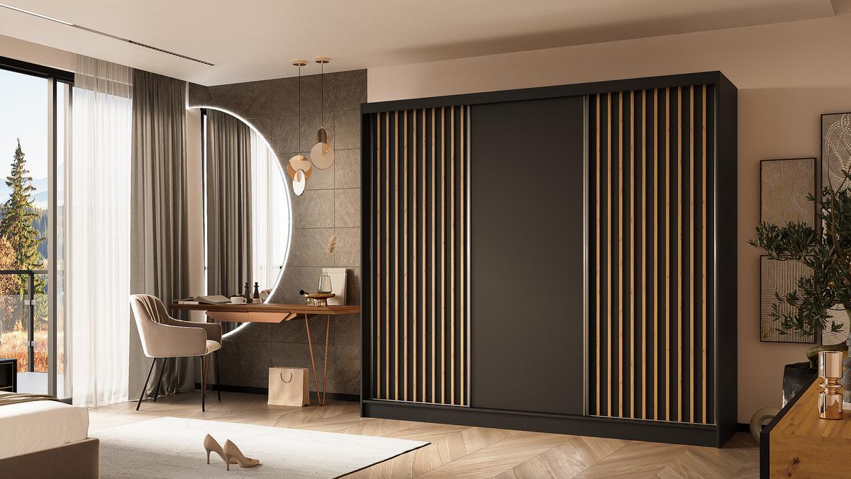 KLEIDERSCHRANK mit furnierten Schiebetüren und Aluminium-Leisten, LED-Beleuchtung - LABELO - 240 cm Schwarz+Schwarz+Artisan - Schwarz/Eiche Artisan, Holzwerkstoff (240/216/61cm) - ALTDECOR