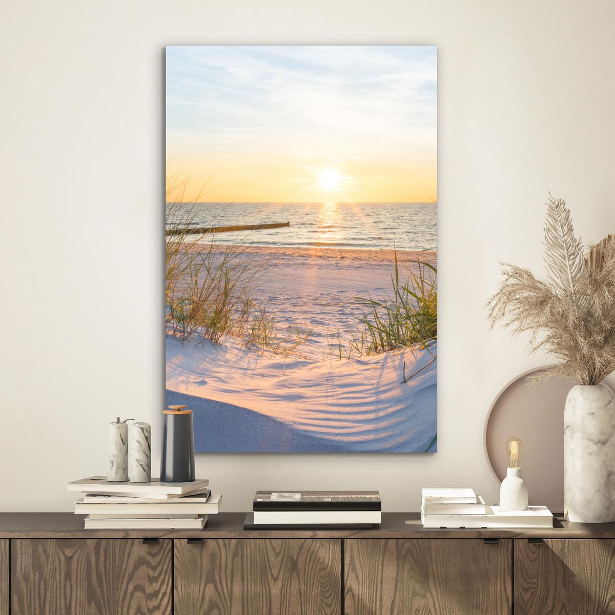 METALLBILD Strand - Sonne - Düne - Gras - Sand - Horizont Deko Schlafzimmer 40x60 cm - Hellblau, Metall (40/60cm) - MuchoWow