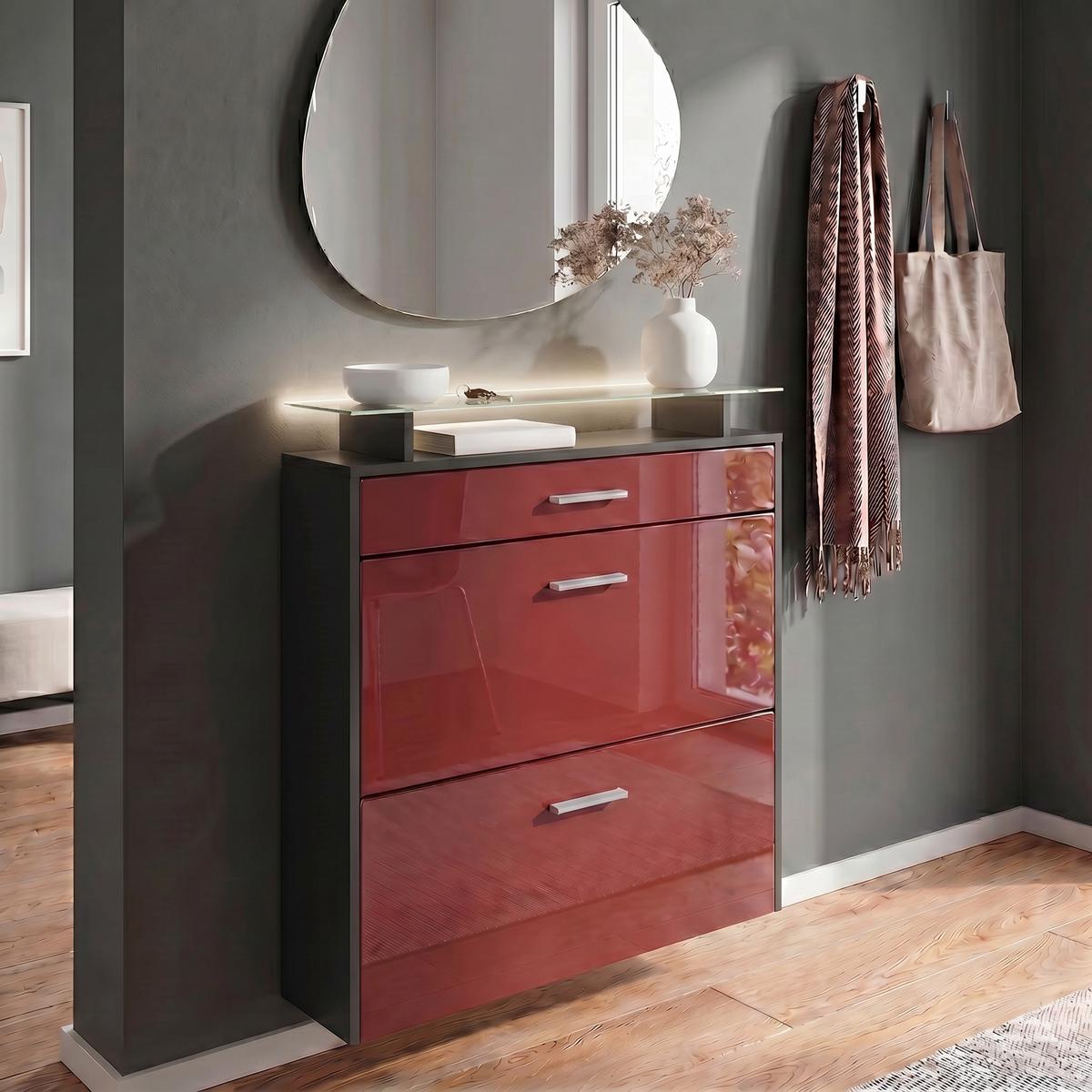 SCHUHSCHRANK Malea Fronten in Bordeaux Hochglanz - Bordeaux, Holzwerkstoff (89/96/23cm) - Vladon