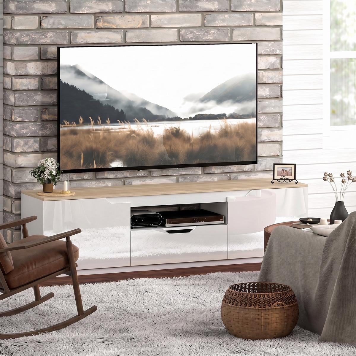 HOCHGLANZ TV-Lowboard für Fernseher bis 65 Zoll, 3 Fächer, Schublade, Naturholz - Naturfarben, Holzwerkstoff (38/43/160cm) - HOMCOM