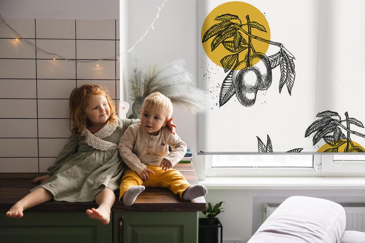 INNENROLLO - Fensterrollo - Rollo - 90x140 cm - Früchte und gelbe Kreise - Grau, Kunststoff (90/140/0.5cm) - TULUP