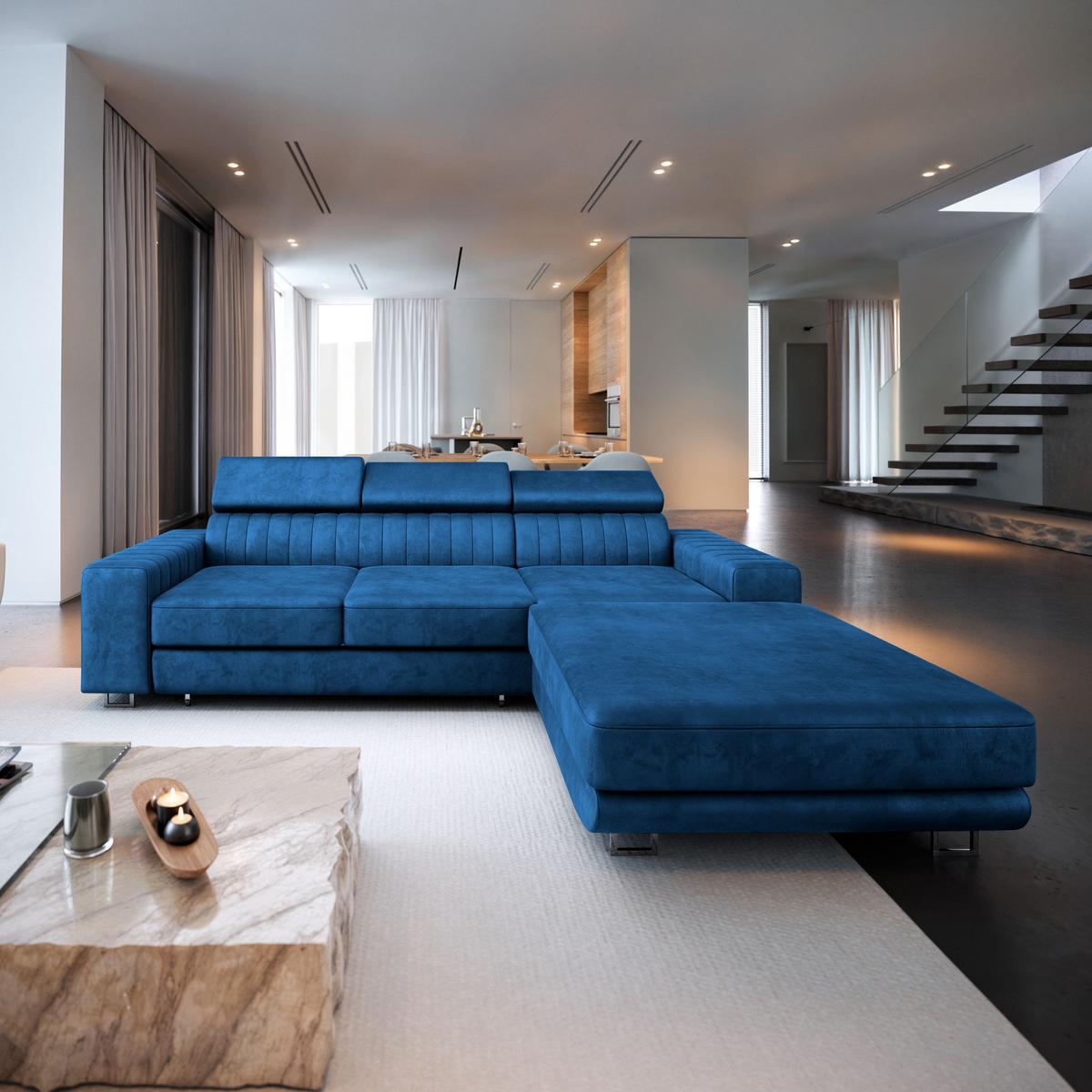 ECKSOFA NOTO R-S Blau Velours-Stoff mit Schlaffunktion - Blau/Silberfarben, Holz/Textil (267/190cm) - MASSENO