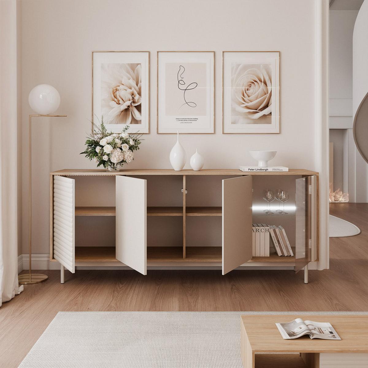 KOMMODE LUSSO 184 cm, Eiche / Kaschmir - Eichefarben, Holzwerkstoff/Metall (184/77/40cm) - Idohome
