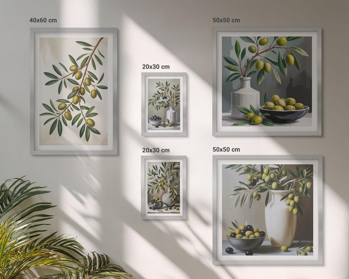 BILDER SET 5er Set - 50x50 cm & 20x30 cm & 40x60 cm Silberner Rahmen - Oliven in grauen Vasen - Silberfarben, Kunststoff (40/60cm) - TULUP