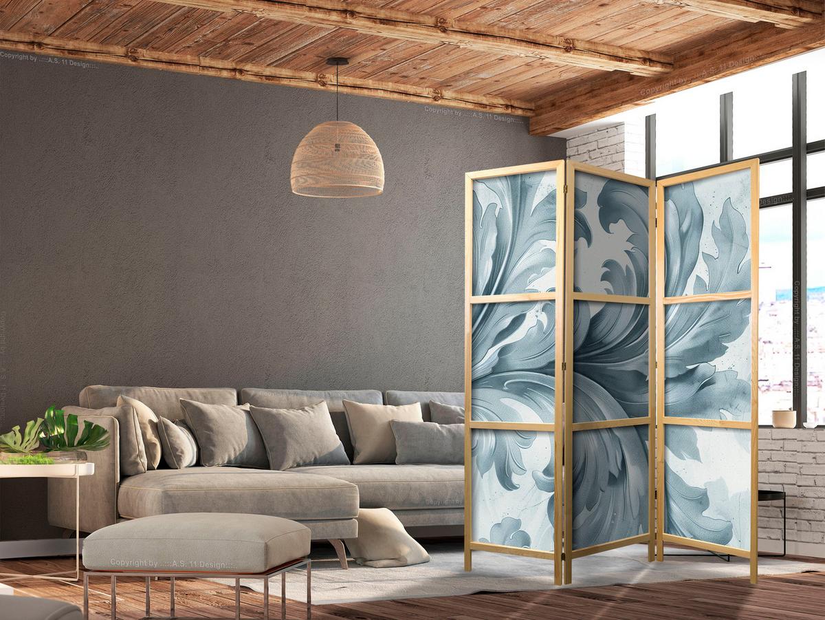 PARAVENT Japanischer 3-tlg 135x172 cm Vintage Ornamente - Blau, Holz/Textil (135/172/3cm) - Muralo