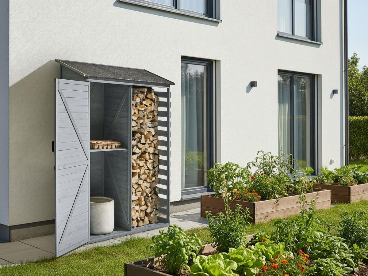 GERÄTESCHUPPEN 130 cm 57 cm Grau Cengio - Dunkelgrau/Schwarz, Holz (130/180/57cm) - Beliani