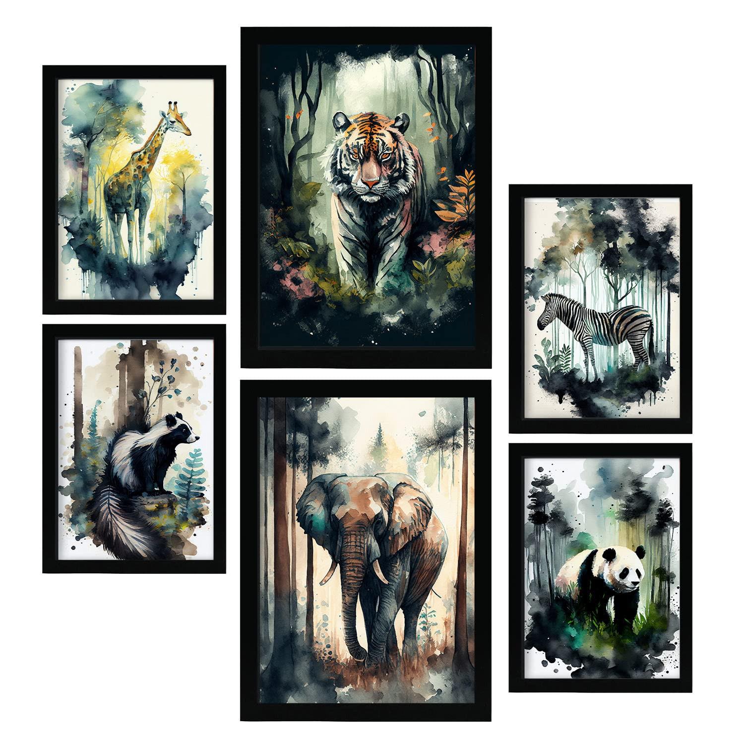 POSTER Set Mit 6 Wilde Welt Illustrationen Von Tieren In Naturlandschaften A3 & A4 Rahmenlos - Klar, Papier (29/3cm) - Nacnic