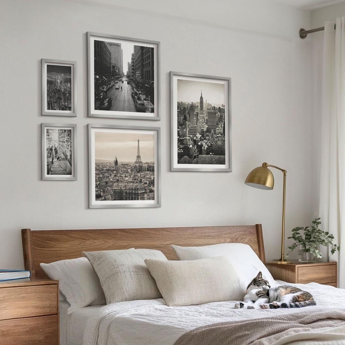 BILDER SET 5er Set - 50x50 cm & 20x30 cm & 40x60 cm Silberner Rahmen - Winterlandschaften, Wasserfälle, Nordlichter - Silberfarben, Kunststoff (40/60cm) - TULUP