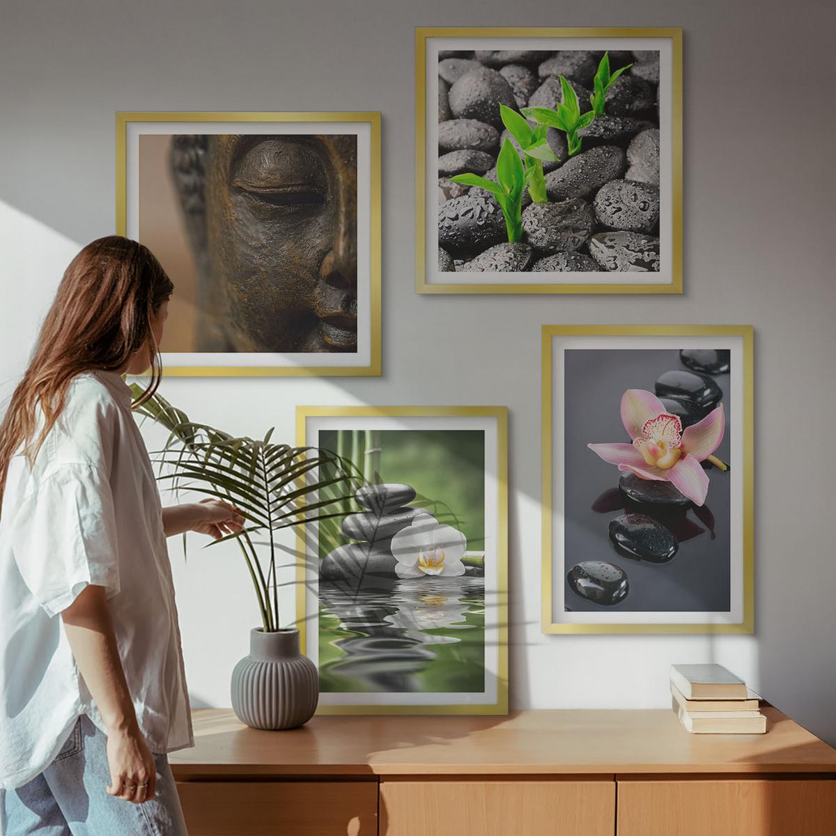 BILDER SET 4er Set - 50x50 cm & 40x60 cm Goldrahmen - Friedliche Zen-Blumen-Buddha-Komposition - Goldfarben, Kunststoff (50/50cm) - TULUP