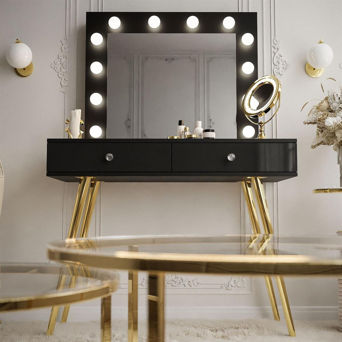 SCHMINKTISCH SIENNA GOLD mit Schubladen auf goldenen Beinen - Schwarz Hochglanz/Goldfarben, Holzwerkstoff (100/81/42cm)
