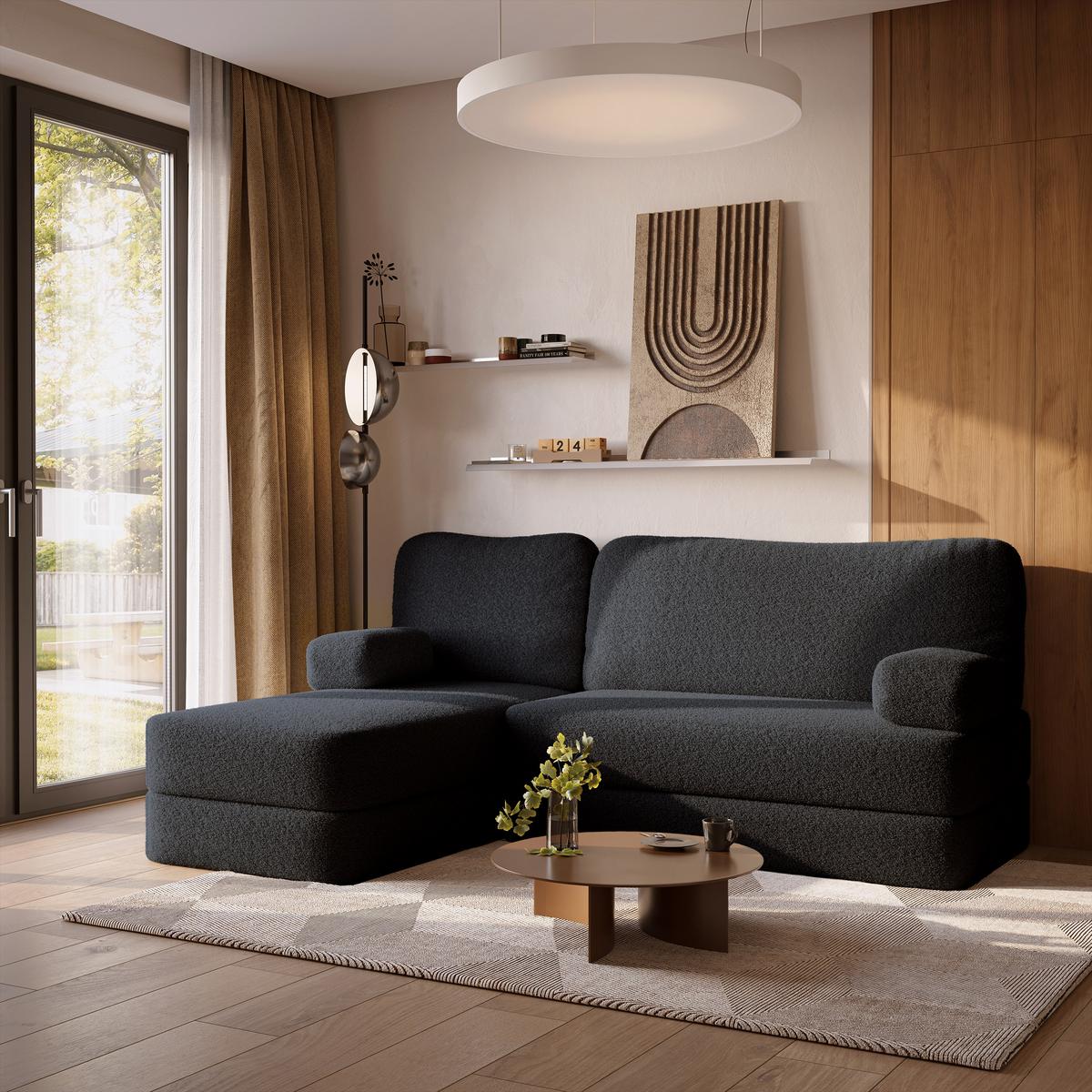 ECKSOFA SABI modulares Boneless Sofa mit Schlaffunktion Schwarz Boucle-Stoff - Schwarz, Textil (200/120cm) - MASSENO
