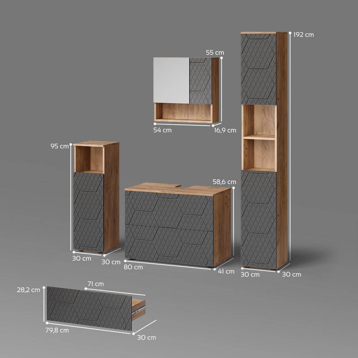 BADMÖBEL-SET Ronco Anthrazit mit Wabenstruktur 4 Teile, mit Schubladenschrank und Hochschrank - Anthrazit, Holzwerkstoff (80/58/41cm) - Livinity®