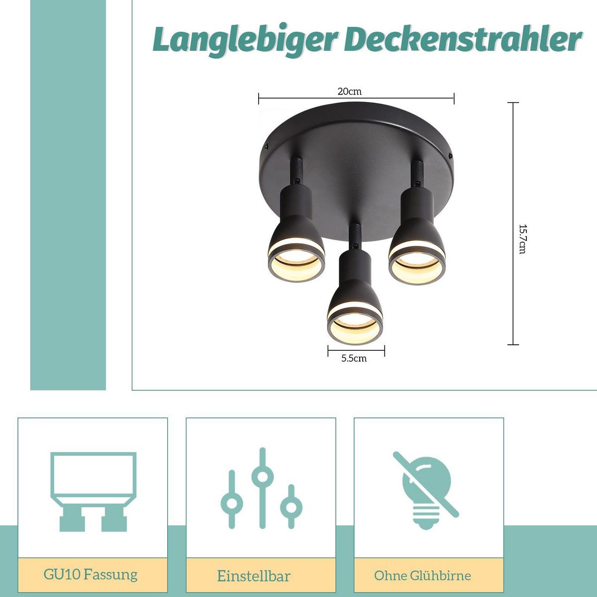DECKENSTRAHLER Delmenhorst 3-flammig 20/20/15.7 cm - Schwarz, Metall (20/20/15.7cm) - Nettlife