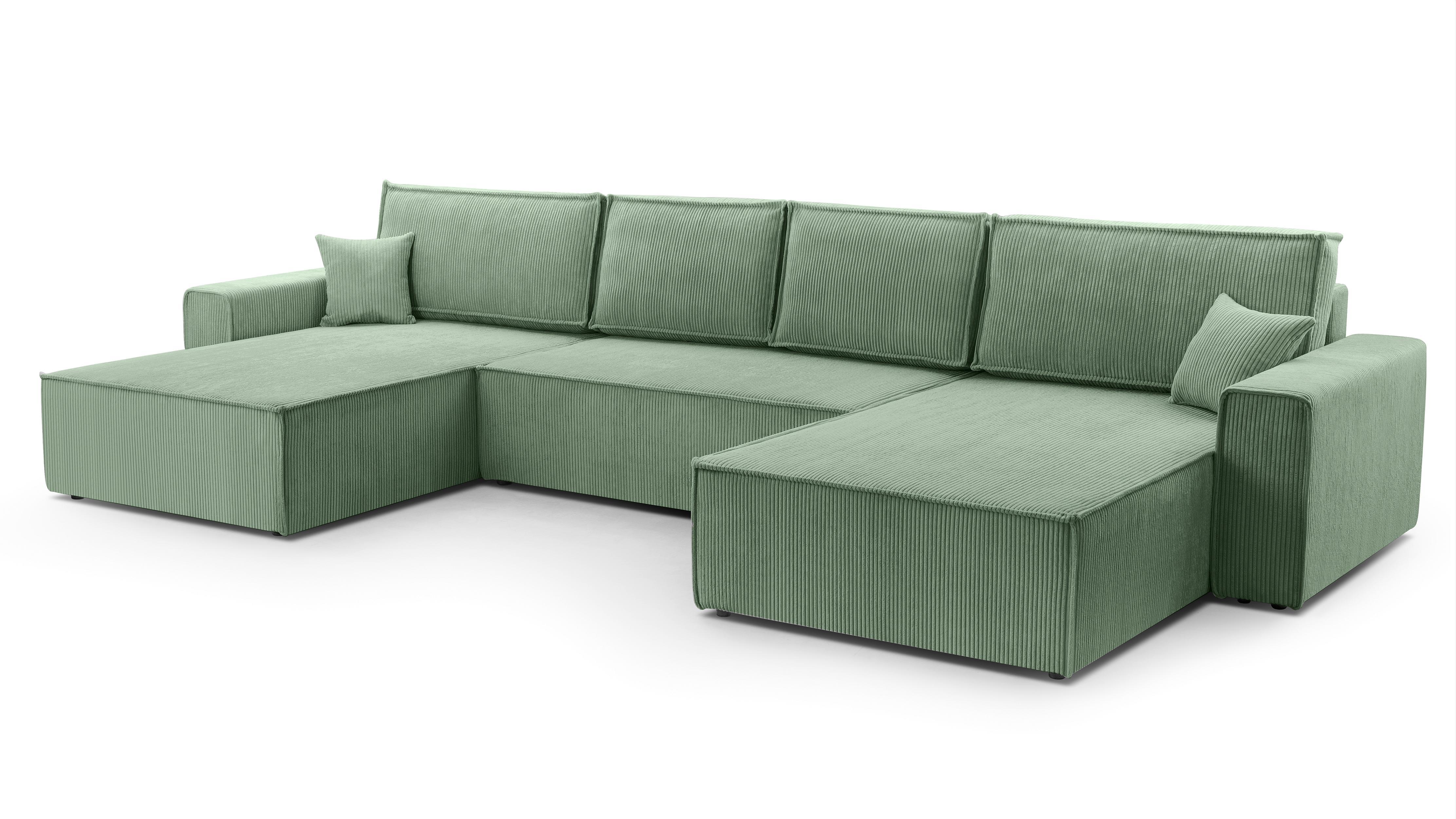 WOHNLANDSCHAFT Cedria Salbeigrün 389/145/85 cm mit Schlaffunktion - Schwarz/Grün, Kunststoff/Textil (389/85/145cm) - AX Living