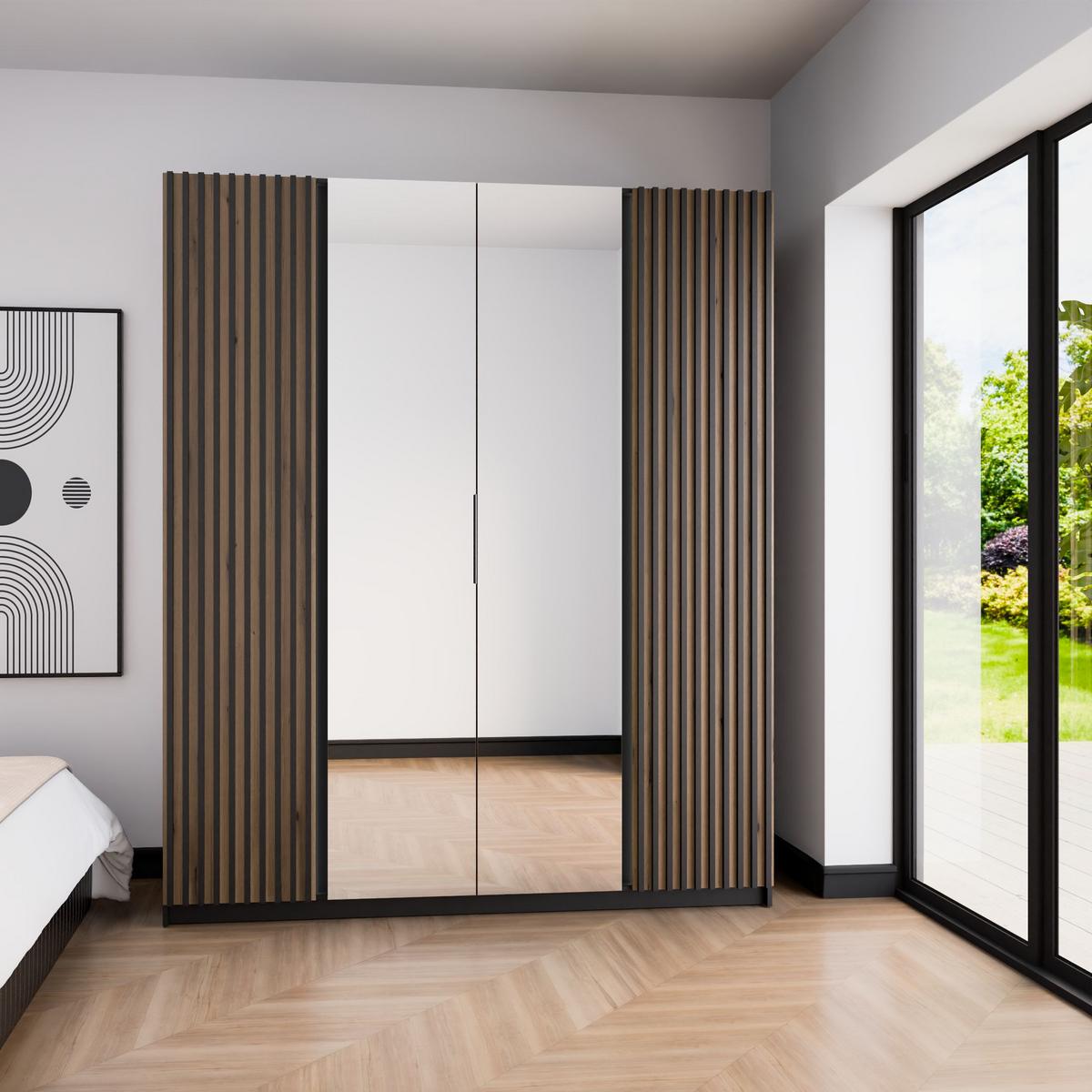 DREHTÜRENSCHRANK CAGLIARI 200/239/61,9cm 4-türig mit Spiegel Schwarz - Goldfarben/Schwarz, Holzwerkstoff (200/239/61.9cm) - MASSENO