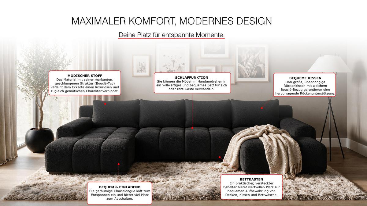 WOHNLANDSCHAFT OVIA U mit Bettkasten und Schlaffunktion, Bouclé-Stoff in U-Form - Schwarz, Textil (350/80/185cm)