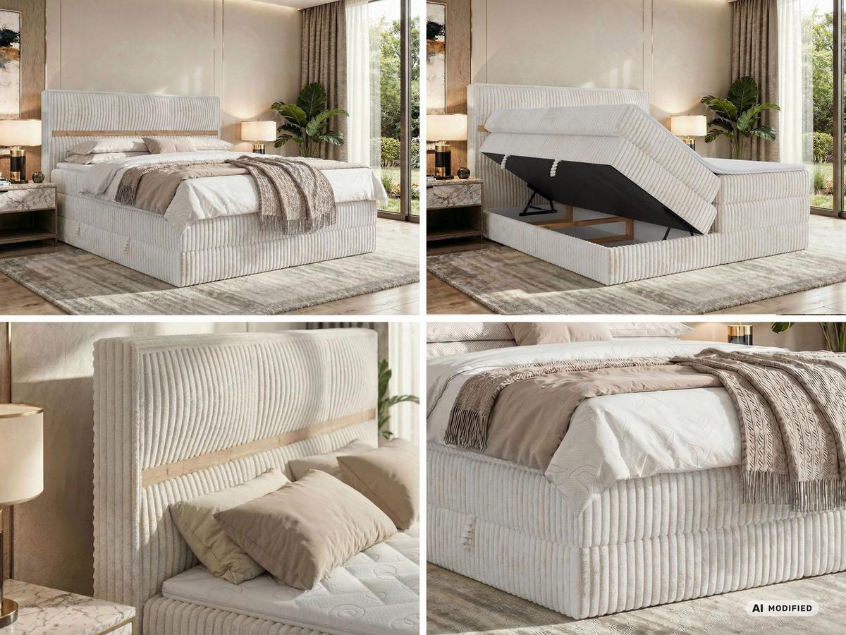 BOXSPRINGBETT ORVO KING 160/200 - Beige Cord - Topper Visco - H3 - Beige/Schwarz, Kunststoff/Textil (160/200cm) - MKS