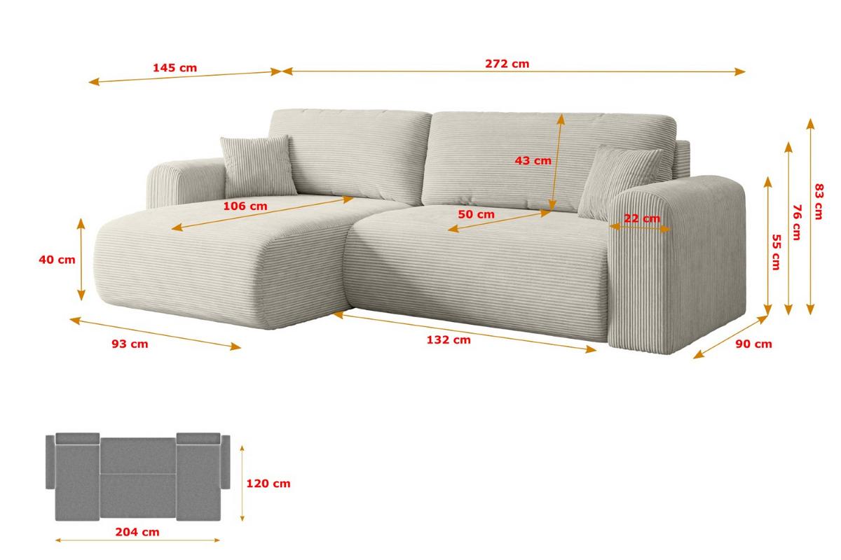 ECKSOFA mit Schlaffunktion und Bettkasten ORRO-L - 272x145x83 cm Creme Cord - Hellgrau/Creme, Holzwerkstoff/Kunststoff (272/145cm) - ALTDECOR
