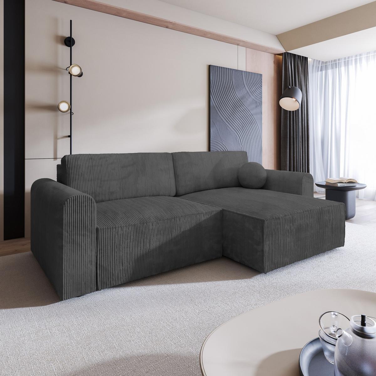 ECKSOFA FIANO P Graphitfarben Kordstoff mit Schlaffunktion - Graphitfarben/Grau, Holz/Kunststoff (245/148cm) - MASSENO