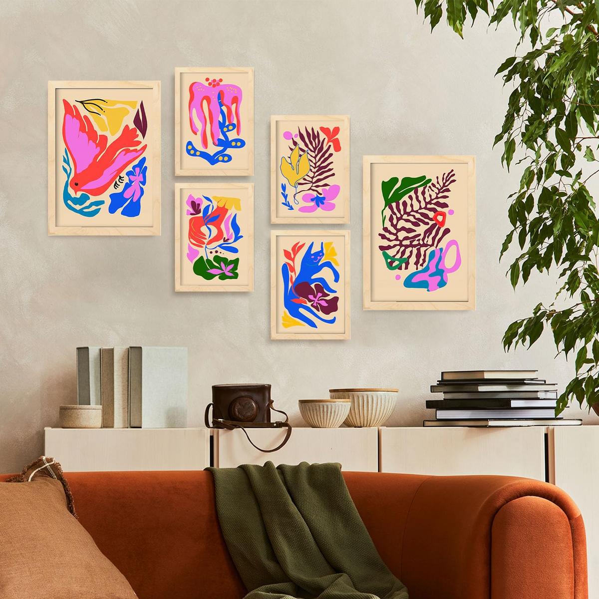 POSTER Set Mit 6 Malerisch 3 In Blume Zusammenfassung Ästhetische Dekorative Gemälde Für Ihr Wohnzimmer Zuhause A3 & A4 Rahmen Aus Hellem Holz - Beige, Papier (29/3cm) - Nacnic