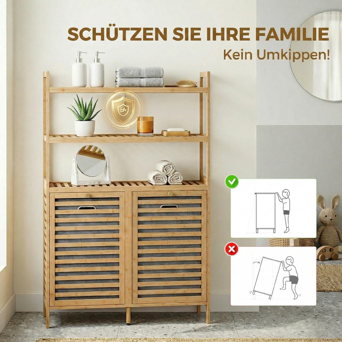 WÄSCHESCHRANK Bambus Vliesstoff Eiche - Eichefarben/Goldfarben, Naturmaterialien/Bambusholz (30/118/80cm) - HOMCOM