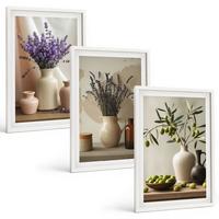 BILDER SET 3er Set - 40x60 cm Weißer Rahmen - Lavendelblüten, Oliven, Gefäße - Weiß, Kunststoff (40/60cm) - TULUP