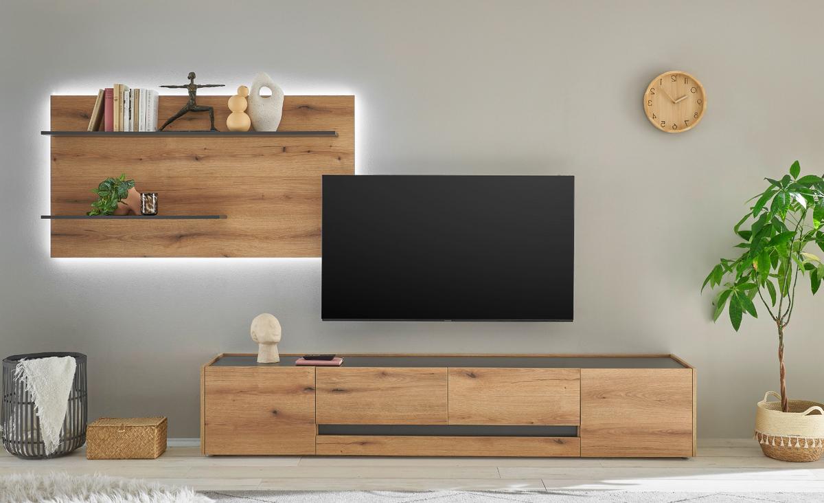 WOHNWAND Evoke Eiche, grau 2-teilig 300 cm, Wohnkombination inklusive Beleuchtung - Eichefarben/Schwarz, Holzwerkstoff/Kunststoff (300/180/45cm) - Furn.Design