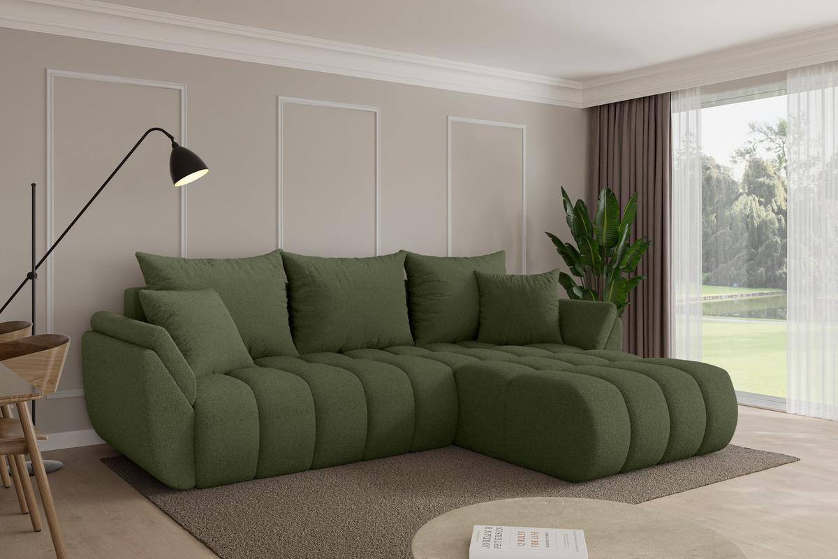 ECKSOFA mit Schlaffunktion Ottomane Rechts TOKO-L-v1 277x194x86 Grün Bouclé - Schwarz/Olivgrün, Holzwerkstoff/Kunststoff (277/194cm) - ALTDECOR