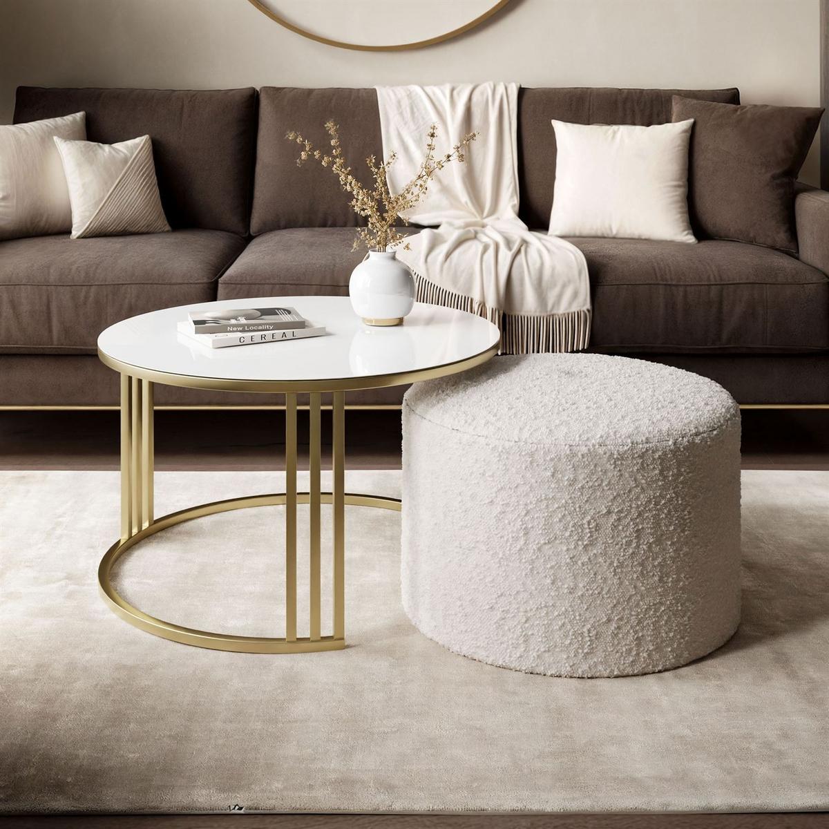 COUCHTISCH mit Hocker LORI GLASS gebürstetes Gold/weißes Glas/Coral 65 - Weiß, Metall (70/70/49cm) - Lookway