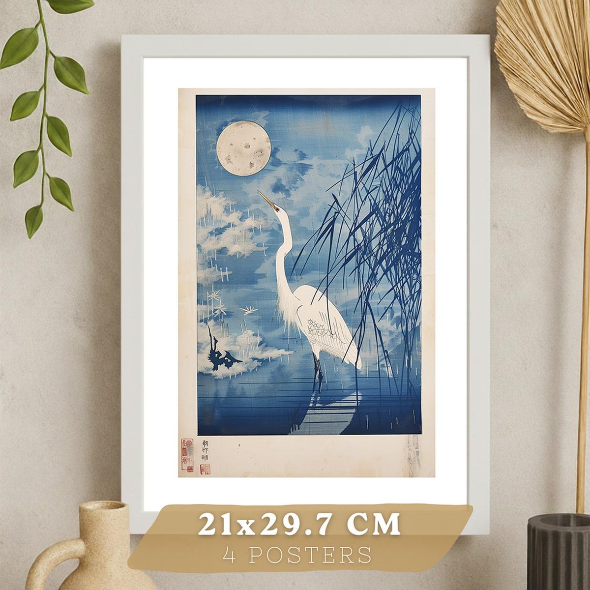 POSTER 4er Bilder-Set Wandbilder Japanisch modern Wohnzimmer Deko, Schlafzimmer, Küche, Badezimmer Weißer Rahmen A4 - Weiß, Papier (29.7/1/21cm) - Nacnic