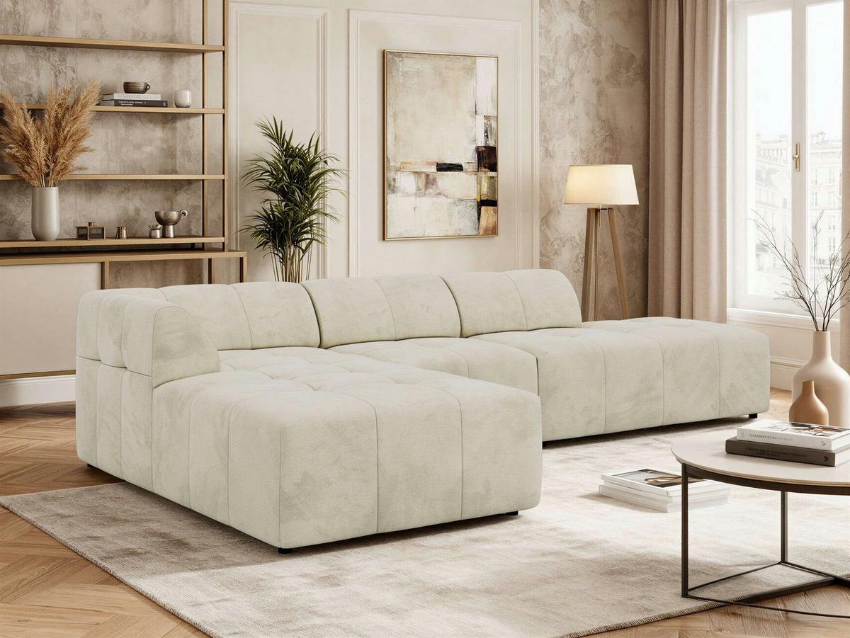 ECKSOFA GRIDA 3M L Beige Velvet - Links - Beige/Schwarz, Kunststoff/Textil (335/176cm) - MKS