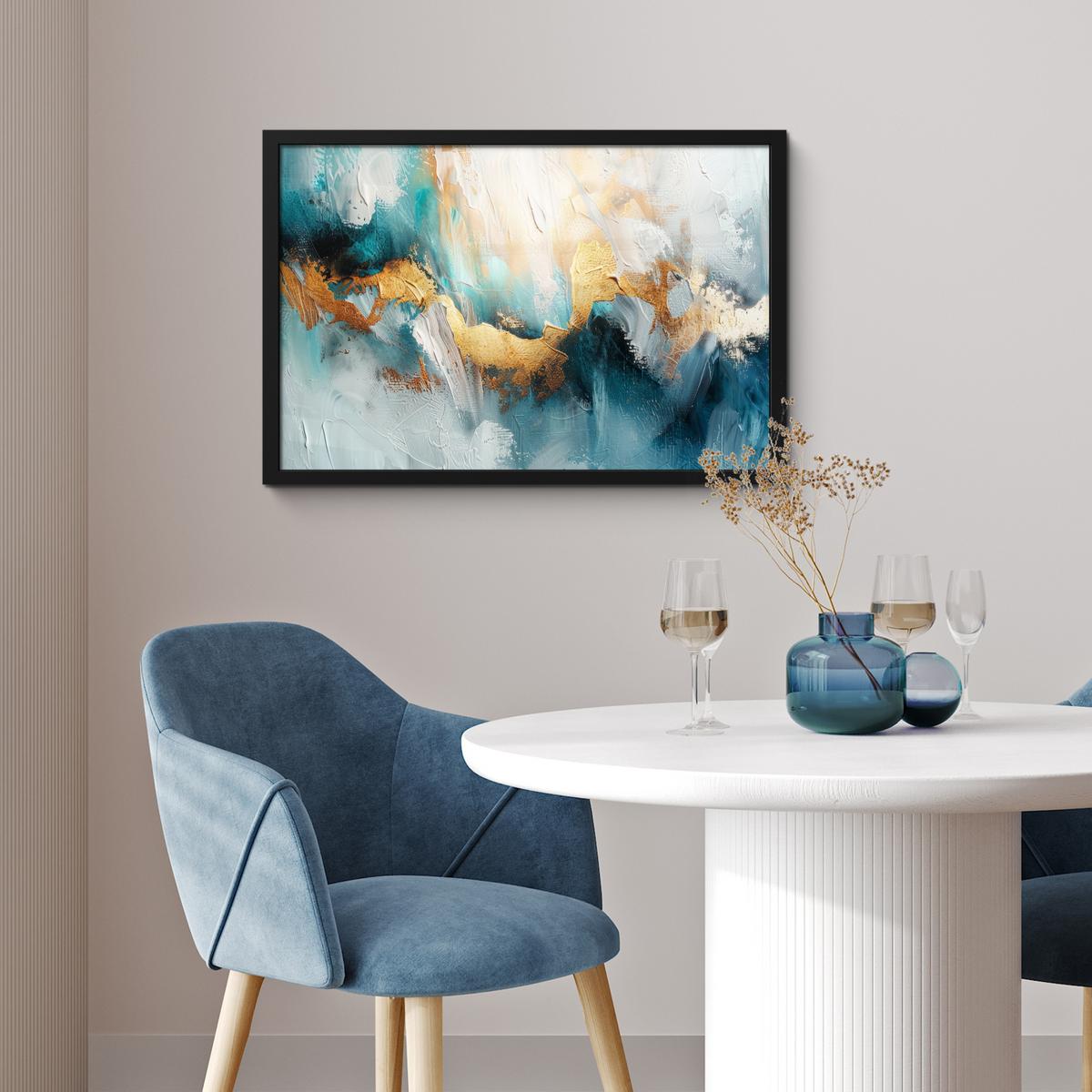 POSTER MIT RAHMENGERAHMTES BILD Abstrakt - Kunst - Gold - Blau 60x40 cm - Petrol, Papier (60/40cm) - MuchoWow