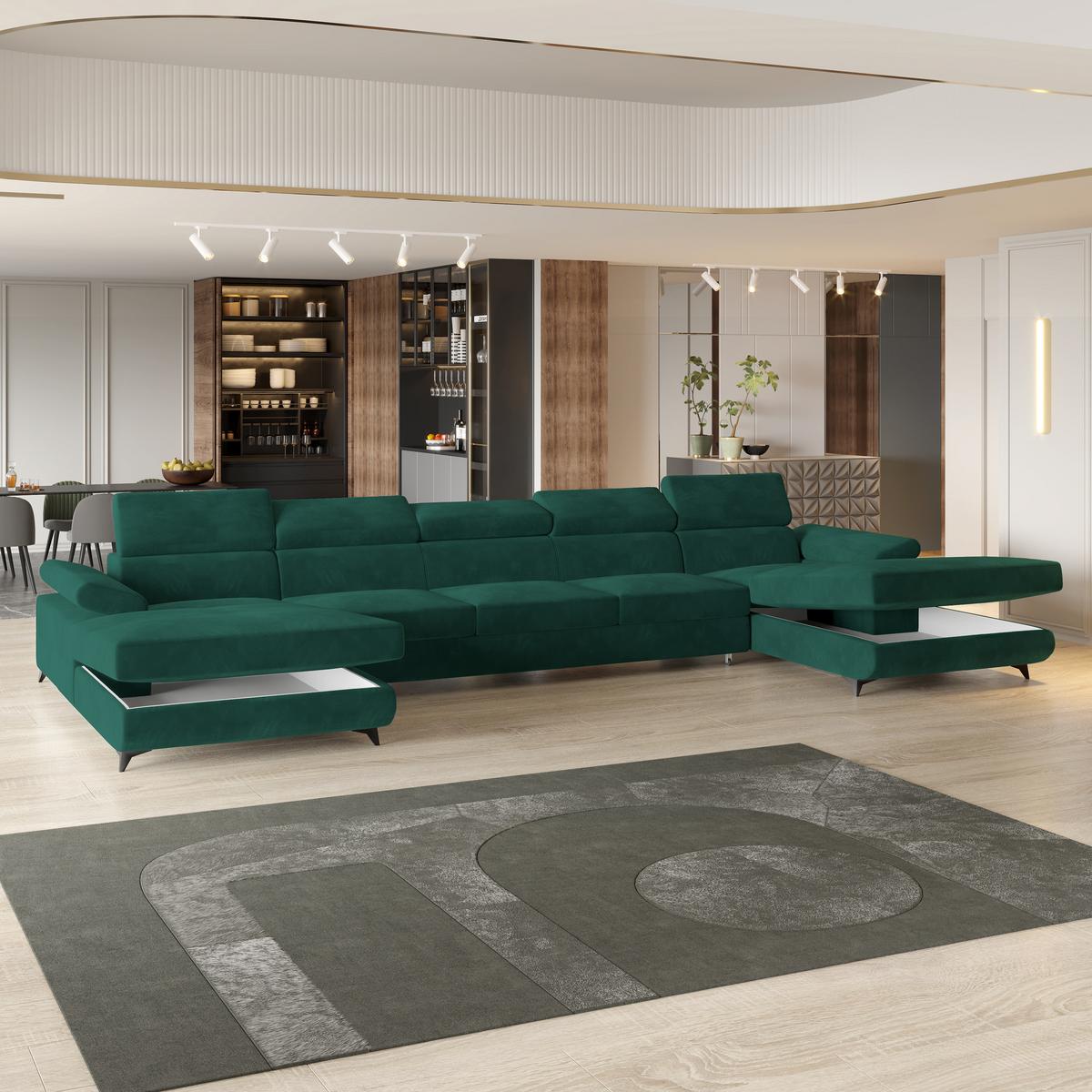WOHNLANDSCHAFT VIVENTE Grün Velours-Stoff mit Schlaffunktion - Grün, Holz (410/89/190cm) - MASSENO