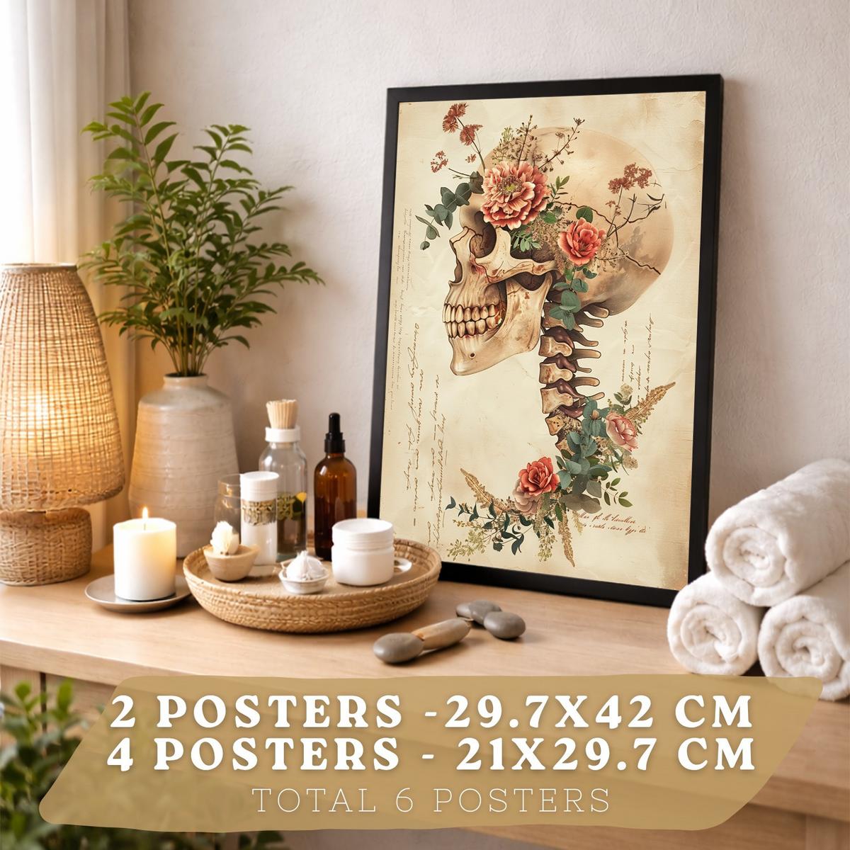 POSTER Set aus 6 Botanische Anatomie Drucke mit Herz Lungen Wirbelsäule Becken und Rippen Beige Terrakotta Erdtöne Florales Schwarzer Rahmen A3 & A4 - Schwarz, Papier (29.7/42/3cm) - Nacnic