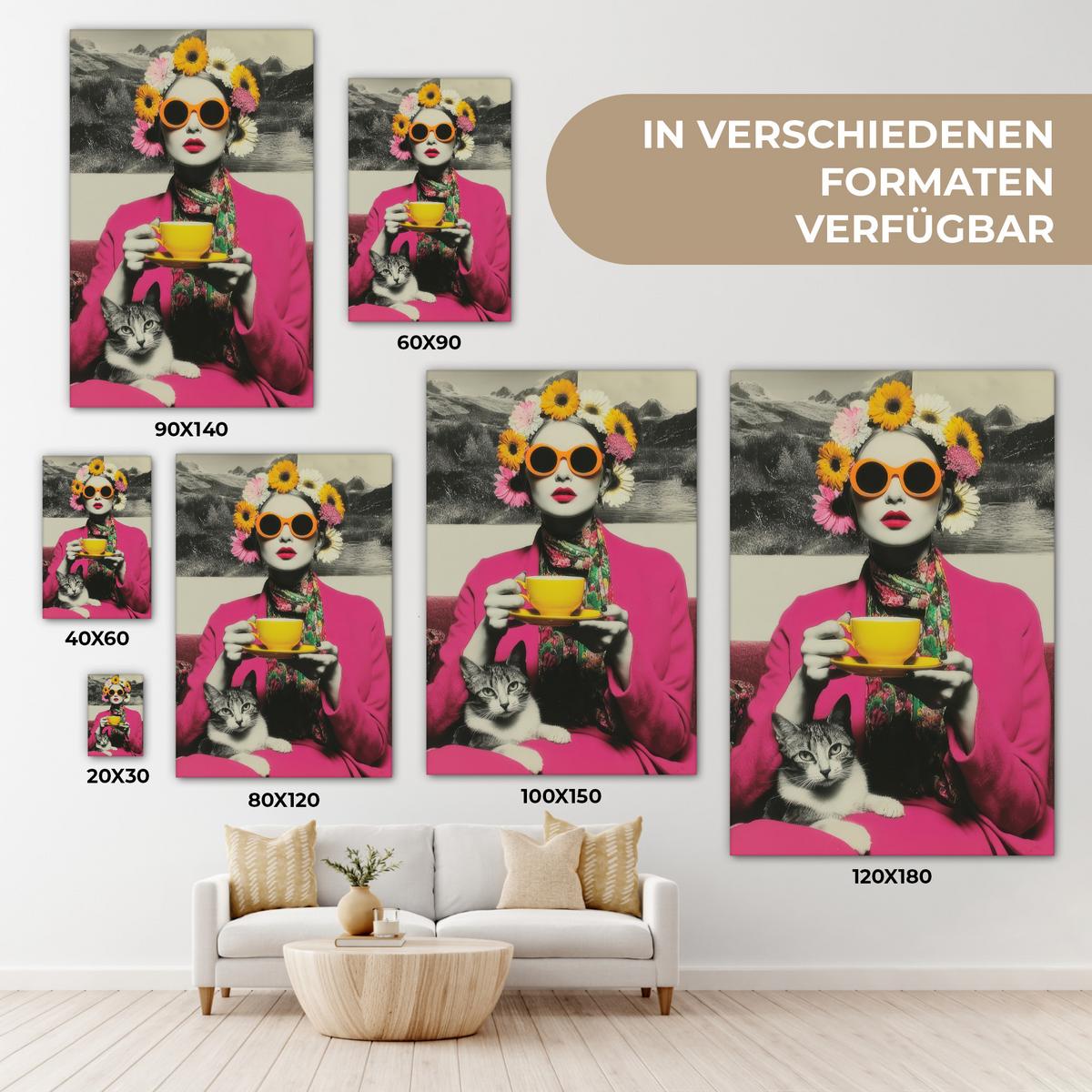 LEINWANDBILD Frau - Katze - Blumen - Tasse - Retro Deko Wohnzimmer 20x30 cm - Magenta, Textil (20/30cm) - MuchoWow