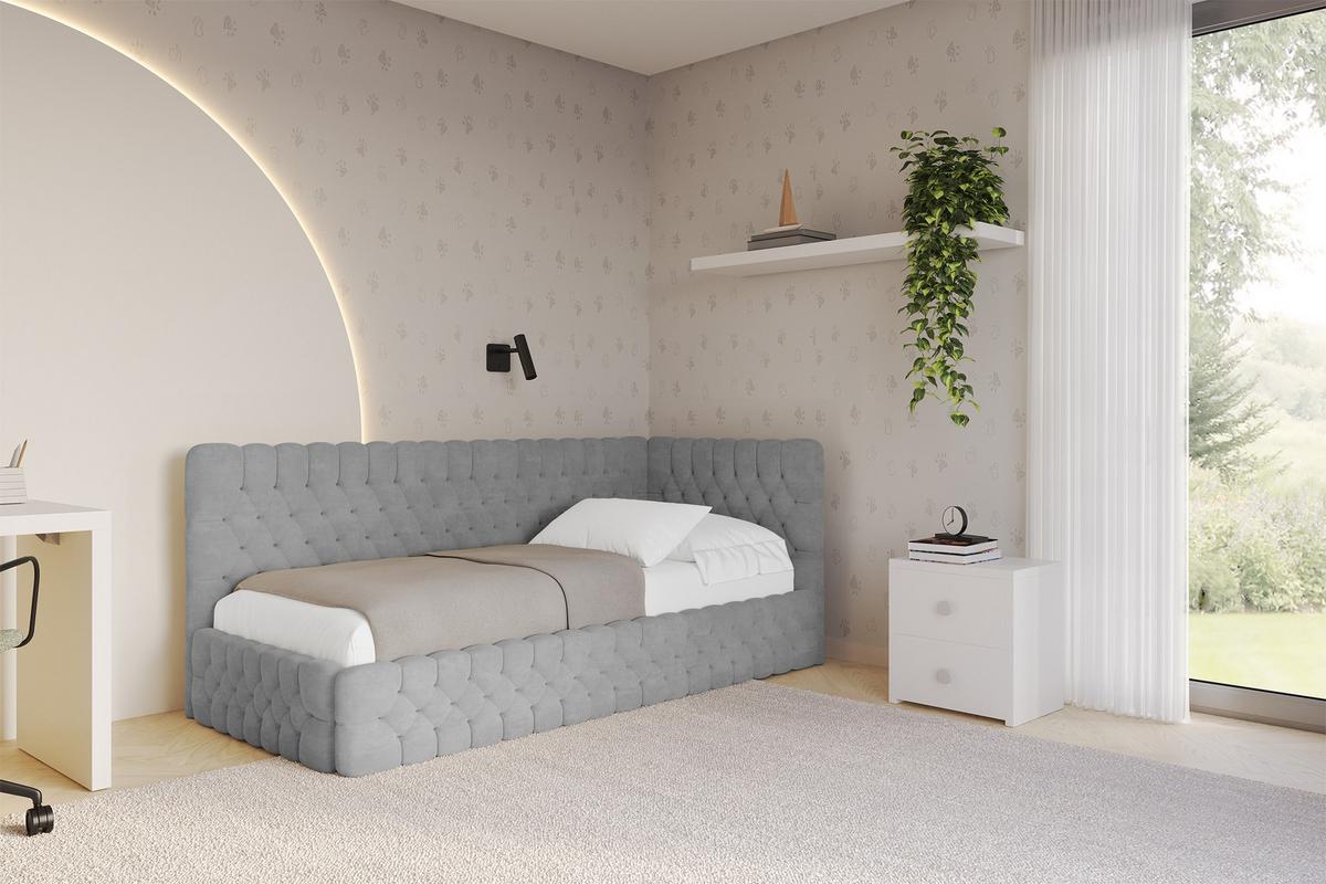 EINZELLBETT Jugendbett mit Bettkasten und Matratze H3/H4, Links - MULY 100x200 Grau - Hellgrau, Holzwerkstoff/Textil (100/200cm) - ALTDECOR