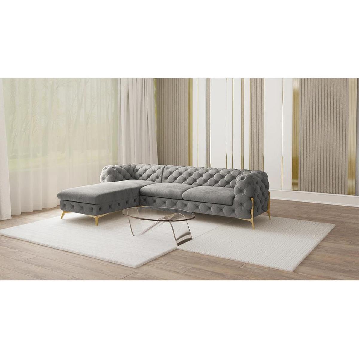 ECKSOFA Chesterfield Lexi Grau Samt, Ottomane links - Goldfarben/Grau, Holz/Textil (305/200cm) - S-Style Möbel