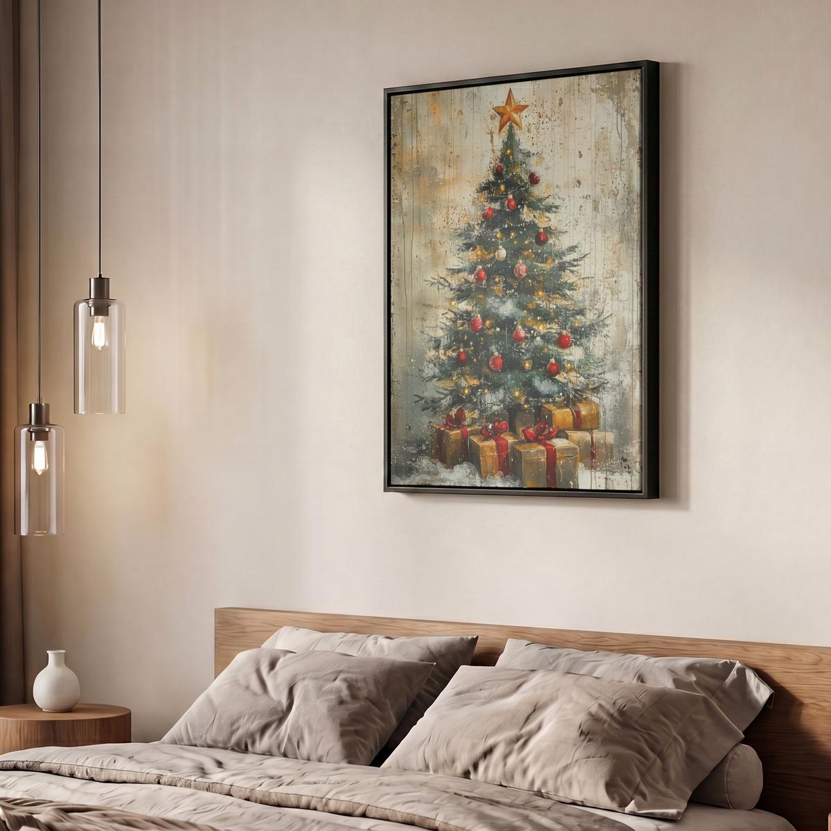 LEINWAND Bilder mit Rahmen - Weihnachtsbaum - Vintage - Weihnachten - Geschenk - 60x80 - Rostfarben, Textil (60/80cm) - MuchoWow