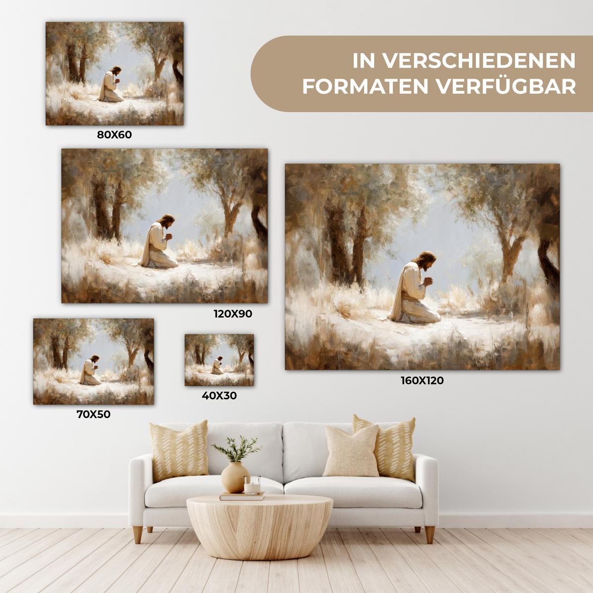 LEINWANDBILD Jesus - Kniend - Waldlandschaft - Betend Wandbild 40x30 cm - Beige/Hellblau, Textil (40/30cm) - MuchoWow
