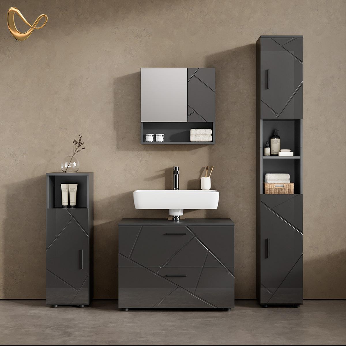 BADMÖBEL-SET Ronco Anthrazit Hochglanz 4 Teile, mit Schubladenschrank und Hochschrank - Schwarz Hochglanz, Holzwerkstoff (80/58/41cm) - Livinity®