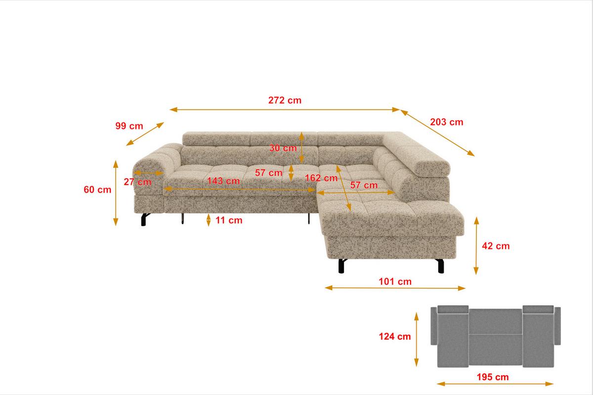 ECKSOFA mit Schlaffunktion Ottomane Rechts LUMA-L 272x203x70 Braun Velours - Schwarz/Braun, Holzwerkstoff/Kunststoff (203/272cm) - ALTDECOR