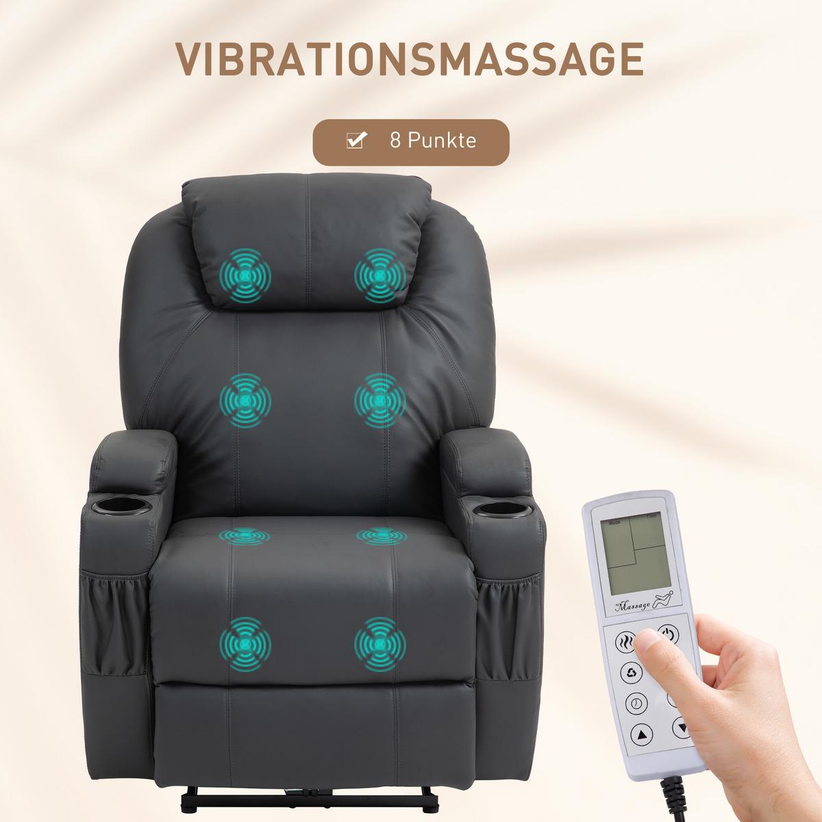 RELAXSESSEL mit Massagefunktion, Elektrisch Fernsehsessel mit Liegefunktion - Dunkelgrau/Schwarz, Leder (97/110/82cm) - HOMCOM
