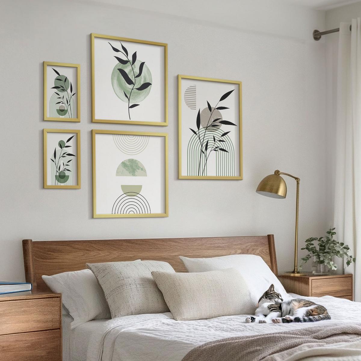 BILDER SET 5er Set - 50x50 cm & 20x30 cm & 40x60 cm Goldrahmen - Boho-Pflanzenkompositionen - Goldfarben, Kunststoff (40/60cm) - TULUP