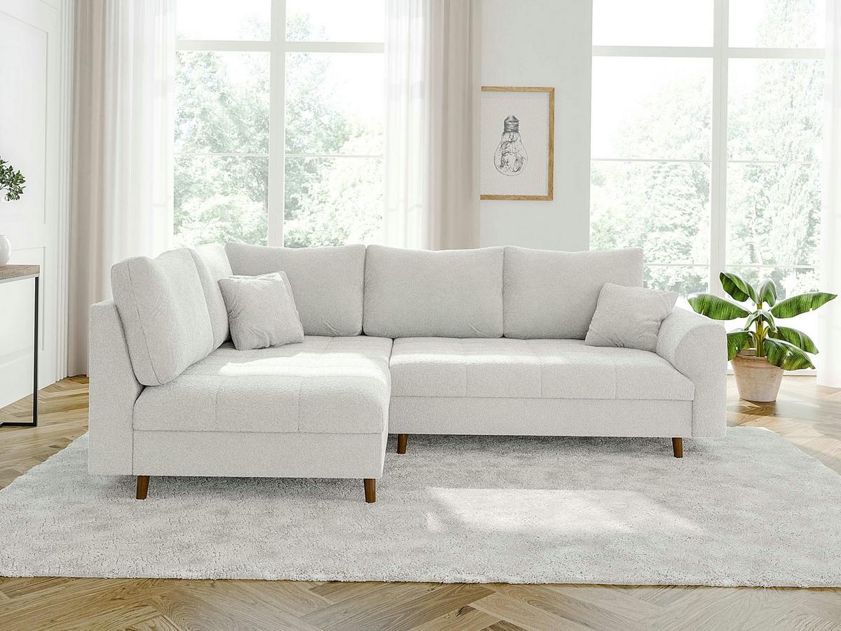 ECKSOFA inkl. Hocker Henrik Weiß Boucle - Ottomane links - Weiß/Braun, Holz/Textil (231/161cm) - S-Style Möbel