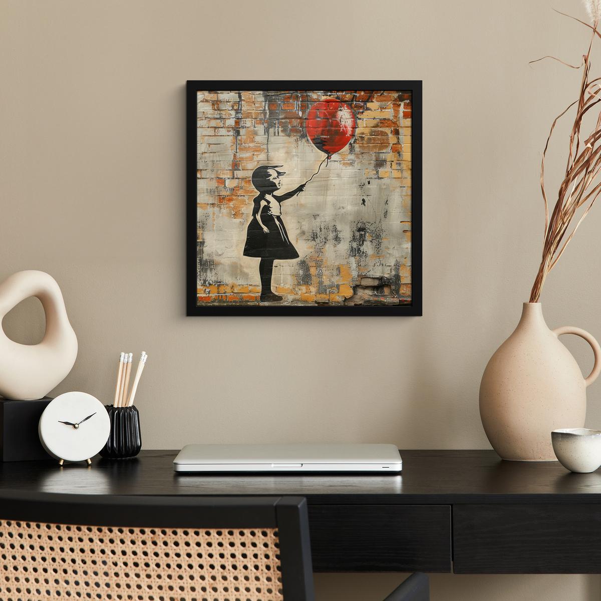 POSTER MIT RAHMENGERAHMTES BILD Graffiti - Banksy - Mädchen - Straßenkunst 40x40 cm - Sandfarben, Papier (40/40cm) - MuchoWow