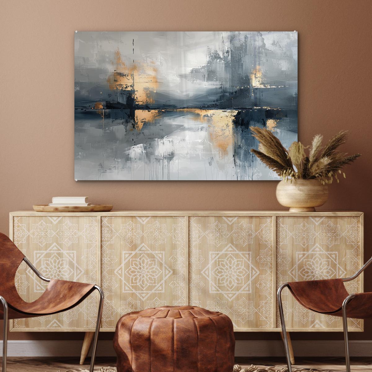 ACRYLGLASBILD Kunst - Grau - Gold - Abstrakt Wandbild Schlafzimmer 120x80 cm - Dunkelgrau, Glas (120/80cm) - MuchoWow
