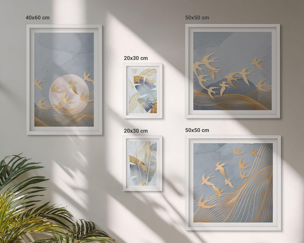 BILDER SET 5er Set - 50x50 cm & 20x30 cm & 40x60 cm Weißer Rahmen - Blaubeige Blätter im Hintergrund - Weiß, Kunststoff (40/60cm) - TULUP
